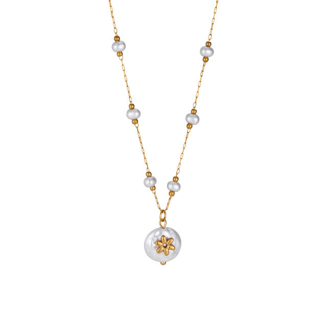 Stainless Steel Pearl Necklace with Irregular Baroque Pearl Pendant