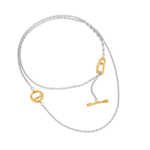 Stylish and Unique Gold Silver Two-Tone Stainless Steel Necklace with Irregular Clasps