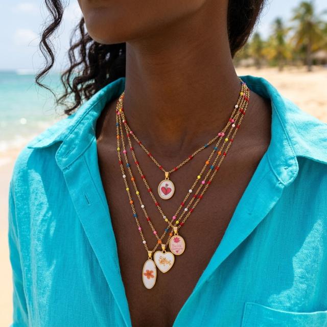 Sweet Style Stainless Steel necklace Colorful Seed Bead Chain with Oil-Drip Dried Flower Pendant