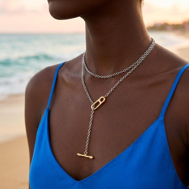 Stylish and Unique Gold Silver Two-Tone Stainless Steel Necklace with Irregular Clasps