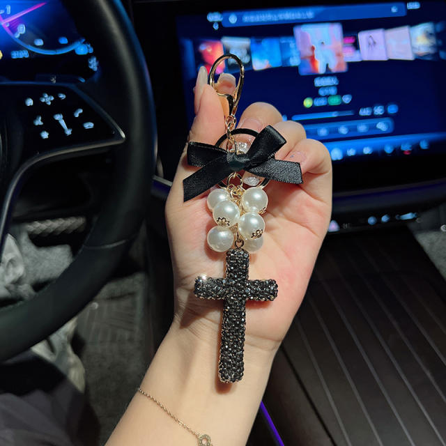 Creative Beaded Bow Cross Keychain Clay Full Diamond Exquisite Bag Hanging Accessories