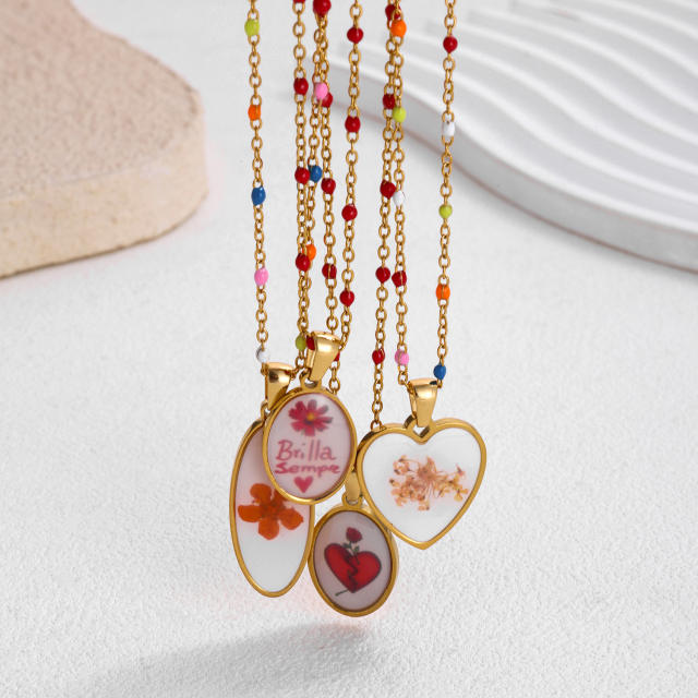 Sweet Style Stainless Steel necklace Colorful Seed Bead Chain with Oil-Drip Dried Flower Pendant