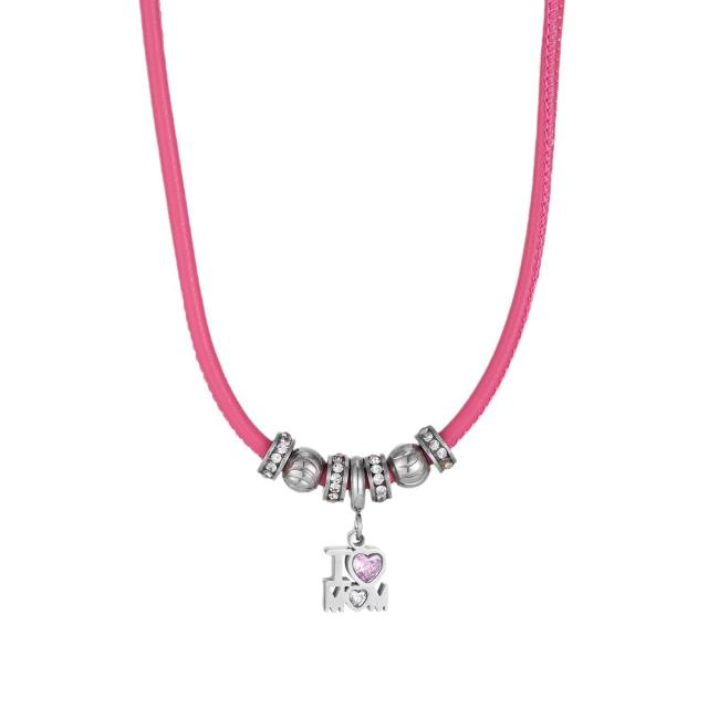 Stainless Steel Beaded Necklace with Colorful Leather Cord and Mom Heart Pendant
