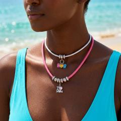 Stainless Steel Beaded Necklace with Colorful Leather Cord and Mom Heart Pendant