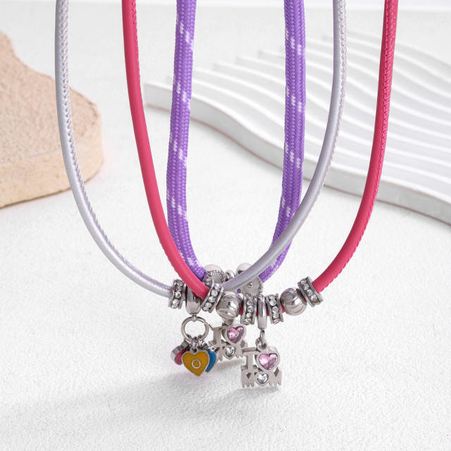 Stainless Steel Beaded Necklace with Colorful Leather Cord and Mom Heart Pendant