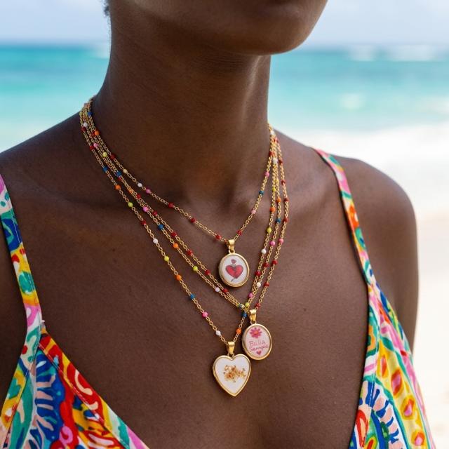 Sweet Style Stainless Steel necklace Colorful Seed Bead Chain with Oil-Drip Dried Flower Pendant