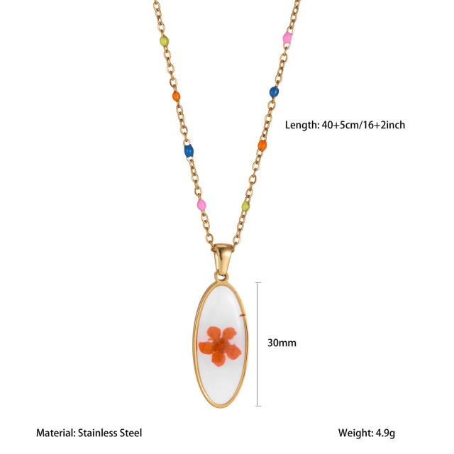 Sweet Style Stainless Steel necklace Colorful Seed Bead Chain with Oil-Drip Dried Flower Pendant