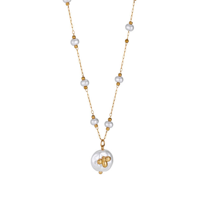 Stainless Steel Pearl Necklace with Irregular Baroque Pearl Pendant