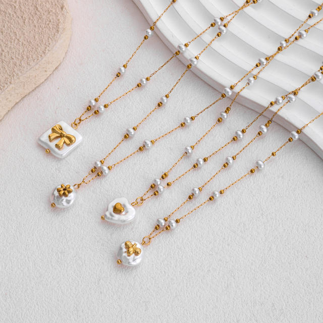 Stainless Steel Pearl Necklace with Irregular Baroque Pearl Pendant