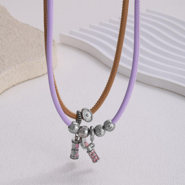 Sweet-Cool Style Leather Cord Necklace with Stainless Steel Beaded Lipstick Pendant