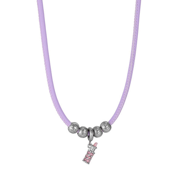 Sweet-Cool Style Leather Cord Necklace with Stainless Steel Beaded Lipstick Pendant