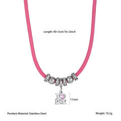 Stainless Steel Beaded Necklace with Colorful Leather Cord and Mom Heart Pendant