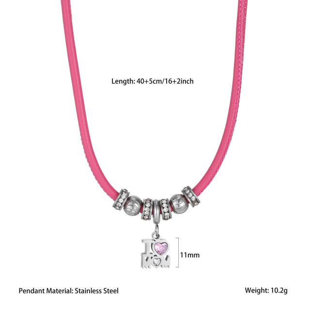 Stainless Steel Beaded Necklace with Colorful Leather Cord and Mom Heart Pendant