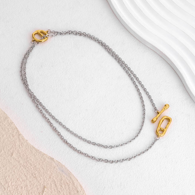 Stylish and Unique Gold Silver Two-Tone Stainless Steel Necklace with Irregular Clasps