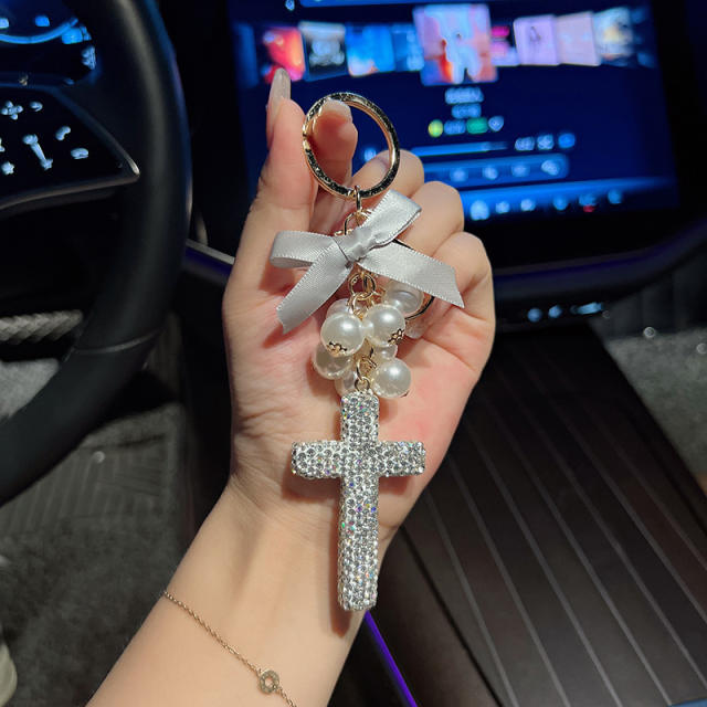 Creative Beaded Bow Cross Keychain Clay Full Diamond Exquisite Bag Hanging Accessories