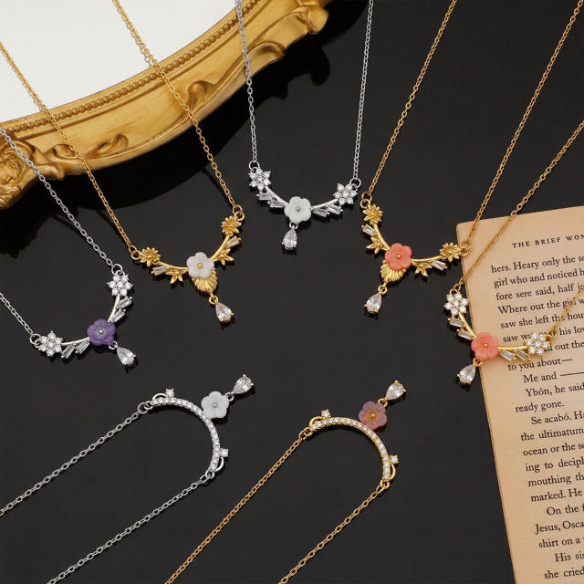 Popular Copper Micro-Inlaid Zircon Flower stainless steel chain necklace