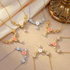 Popular Copper Micro-Inlaid Zircon Flower stainless steel chain necklace