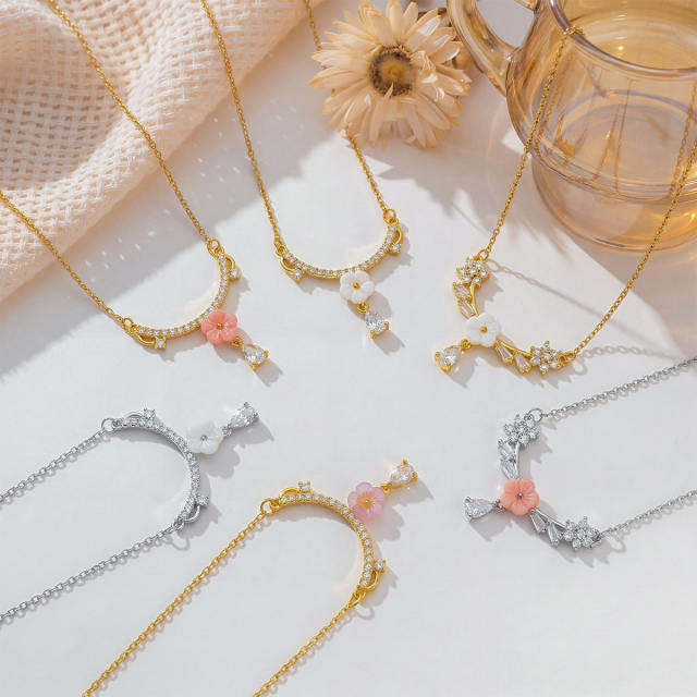 Popular Copper Micro-Inlaid Zircon Flower stainless steel chain necklace