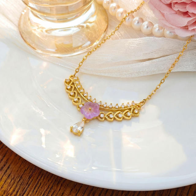 Hollow Heart-Shaped Copper Gold-Plated Necklace Micro-Inlaid Zircon flower stainless Steel Necklace for Women