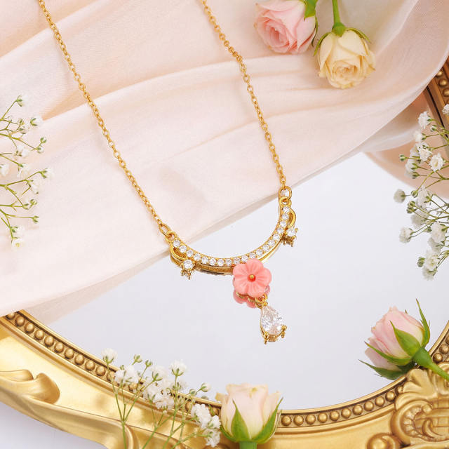 Popular Copper Micro-Inlaid Zircon Flower stainless steel chain necklace