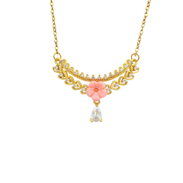 Hollow Heart-Shaped Copper Gold-Plated Necklace Micro-Inlaid Zircon flower stainless Steel Necklace for Women