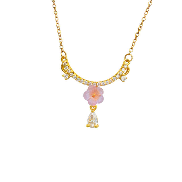 Popular Copper Micro-Inlaid Zircon Flower stainless steel chain necklace