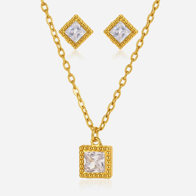 Elegant Square Zircon Jewelry Set for Women stainless steel necklace set diamond necklace set