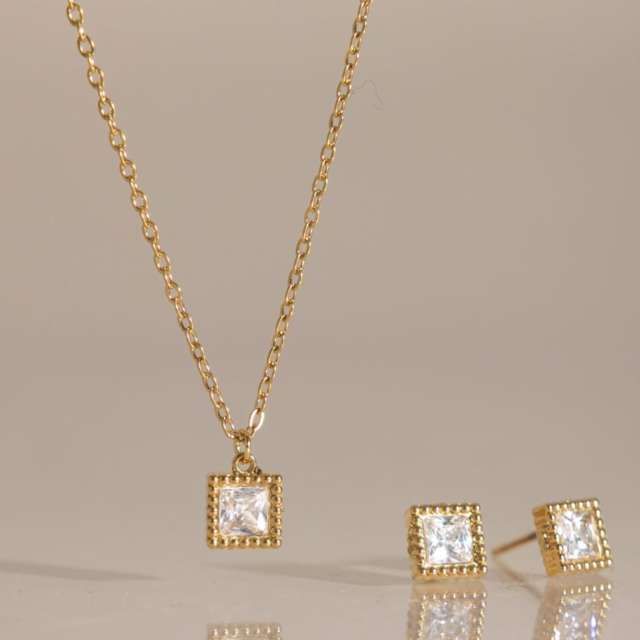 Elegant Square Zircon Jewelry Set for Women stainless steel necklace set diamond necklace set