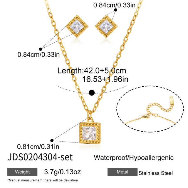 Elegant Square Zircon Jewelry Set for Women stainless steel necklace set diamond necklace set