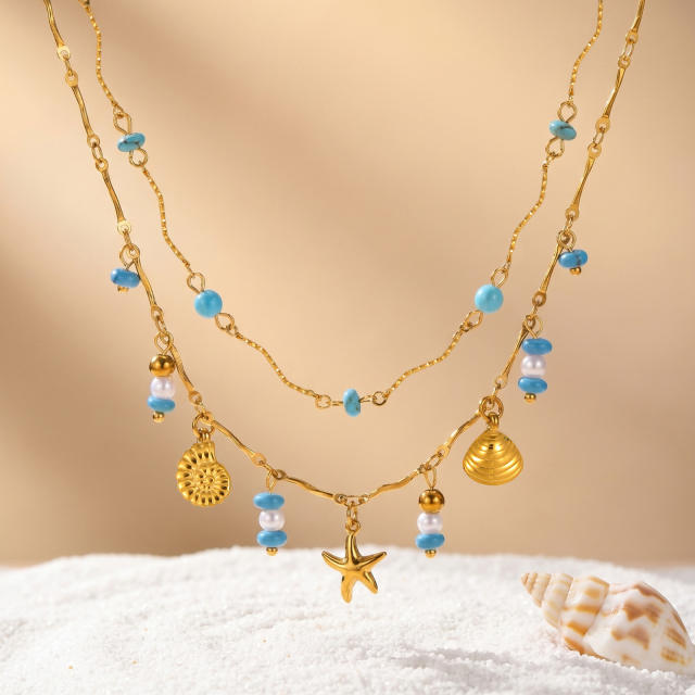 Boho turquoise bead starfish charm stainless steel necklace