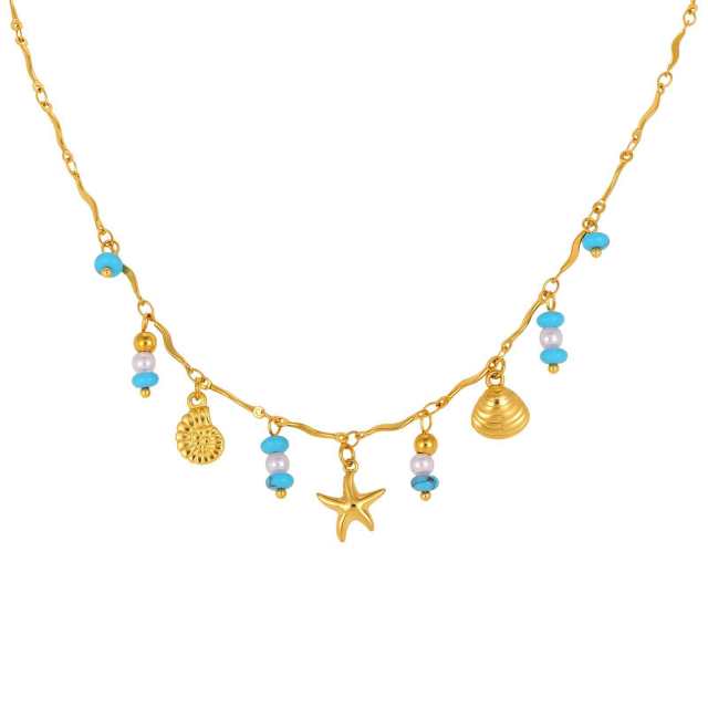 Boho turquoise bead starfish charm stainless steel necklace