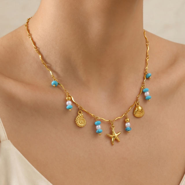 Boho turquoise bead starfish charm stainless steel necklace