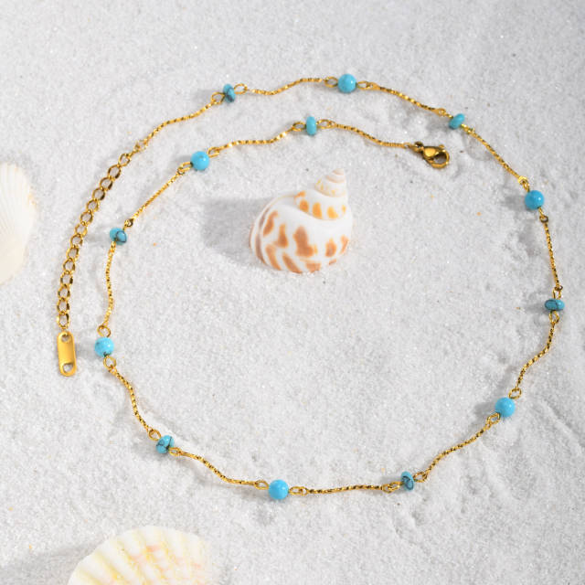 Boho turquoise bead starfish charm stainless steel necklace
