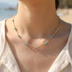 Boho turquoise bead starfish charm stainless steel necklace