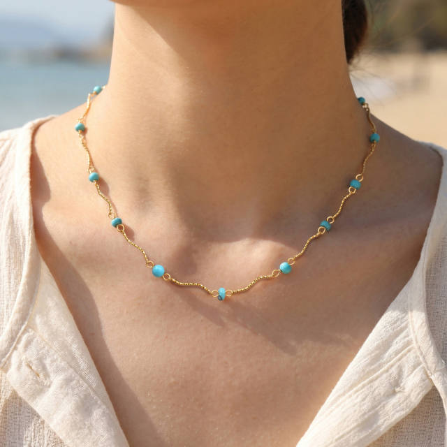 Boho turquoise bead starfish charm stainless steel necklace