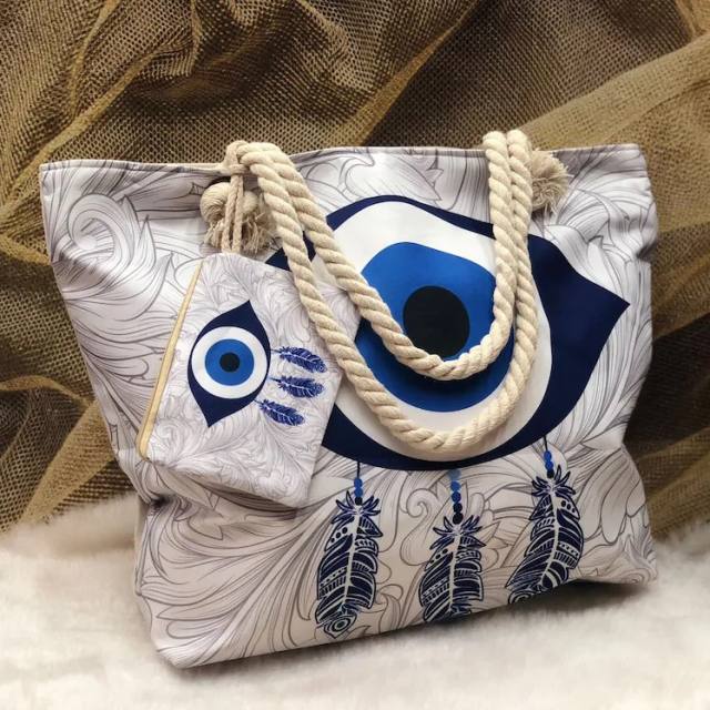 Evil Eye Women's Beach Bag Cotton Portable Large Capacity Canvas Bag