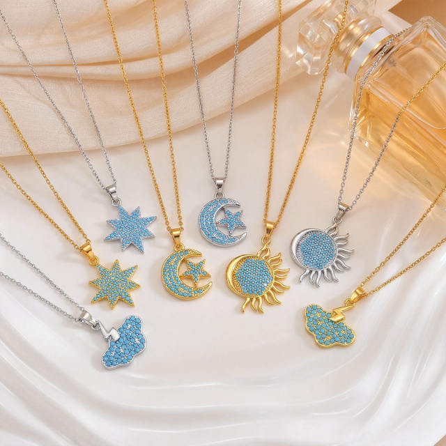 Moon and Sun pendant Necklace full turquoise stone inlaid pendant stainless steel chain necklace