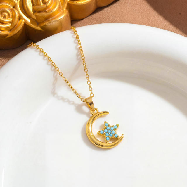 Moon and Sun pendant Necklace full turquoise stone inlaid pendant stainless steel chain necklace