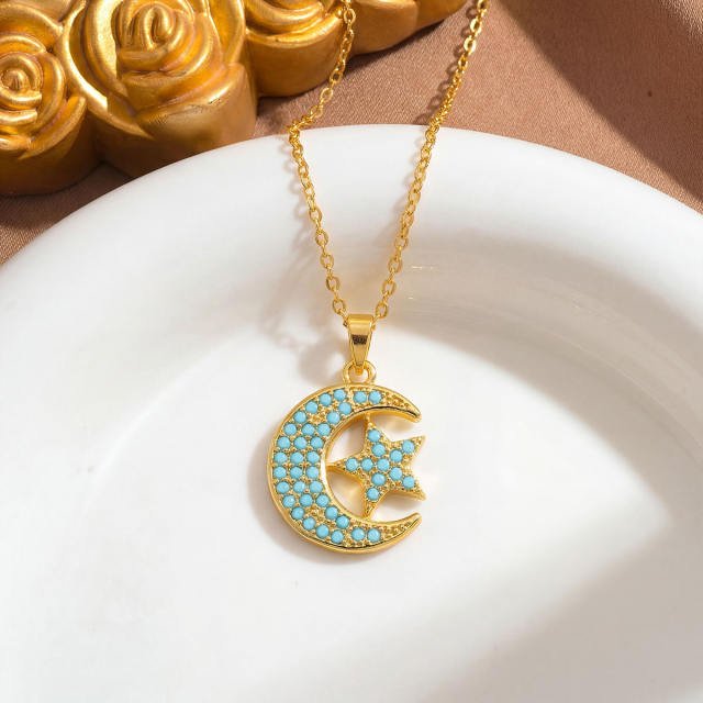 Moon and Sun pendant Necklace full turquoise stone inlaid pendant stainless steel chain necklace