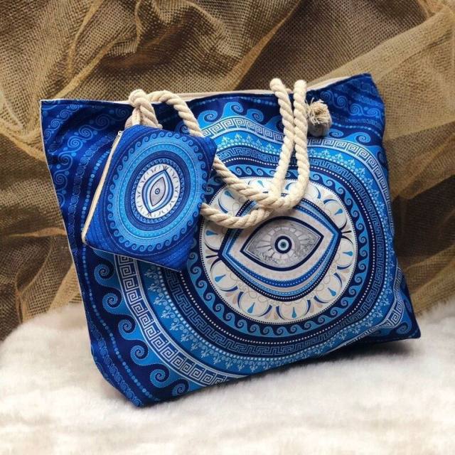 Evil Eye Women's Beach Bag Cotton Portable Large Capacity Canvas Bag