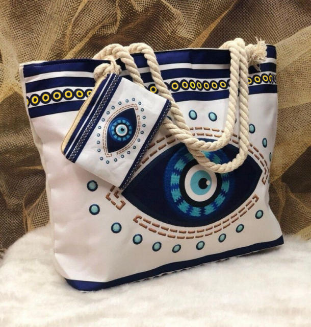 Evil Eye Women's Beach Bag Cotton Portable Large Capacity Canvas Bag