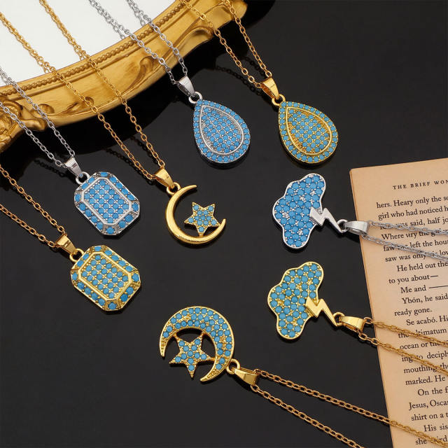 Moon and Sun pendant Necklace full turquoise stone inlaid pendant stainless steel chain necklace