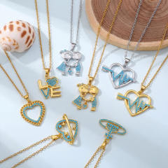 Turquoise stone inlaid heart boy girl cross pendant stainless steel chain necklace