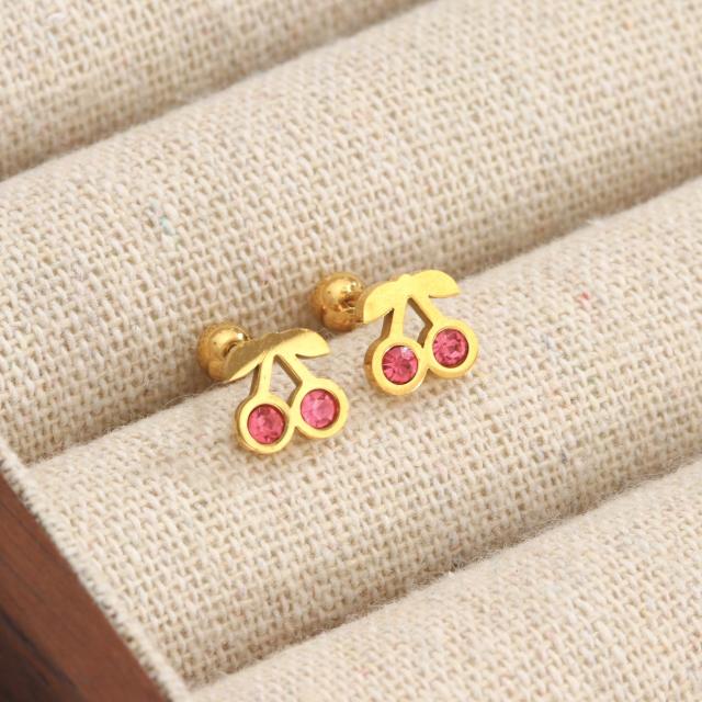 French-Style Strawberry Cherry Titanium Steel Ear Studs for Women piercing earrings