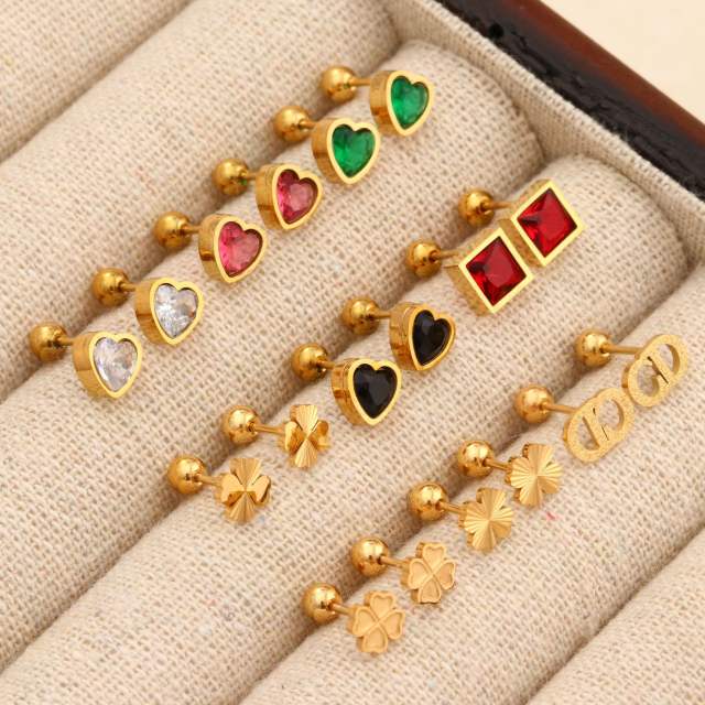 Titanium steel diamond heart colorful tiny ear studs piercing studs earrings
