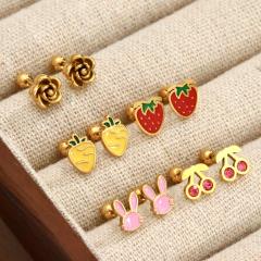 French-Style Strawberry Cherry Titanium Steel Ear Studs for Women piercing earrings