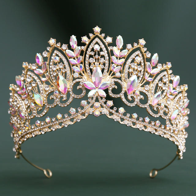 Delicate colorful crystal flower big hair crown for women