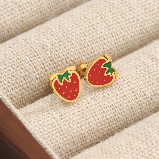 French-Style Strawberry Cherry Titanium Steel Ear Studs for Women piercing earrings