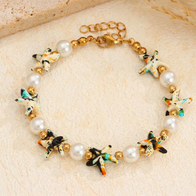 Summer Ocean Style Artificial Pearl Starfish stainless steel bead Bracelet