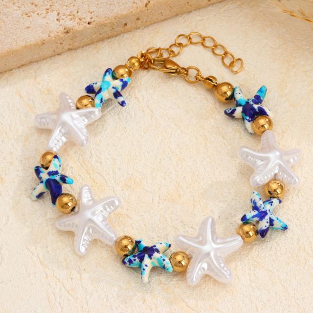 Summer Ocean Style Artificial Pearl Starfish stainless steel bead Bracelet